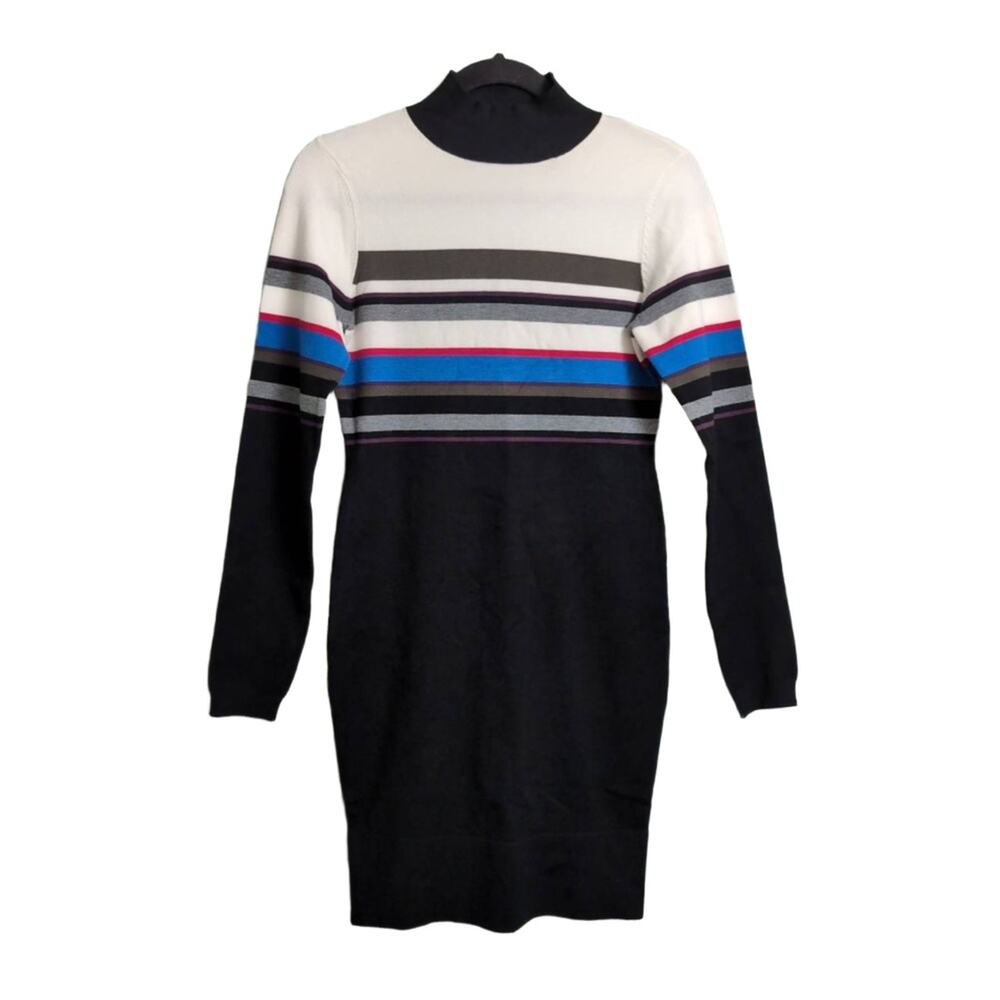 KAREN MILLEN Multi-Color Striped Turtleneck Long Sleeve Knit Sweater Dress 2